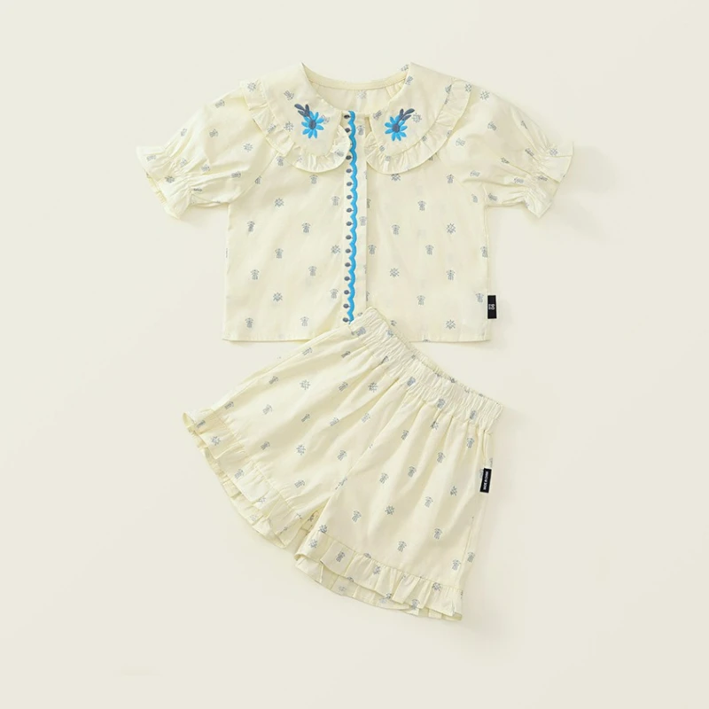 Girl's Collar Floral Set Summer New Children's Countryside Embroidered Collar Short Sleeve Top+ Shorts Children Clothing Set
