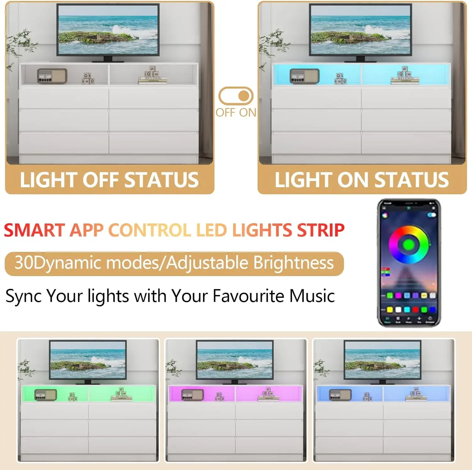 Doppel kommode mit 6/9 Schubladen und Steckdose, Akzent kisten mit LED-Licht, moderne Kommode mit Ladestation