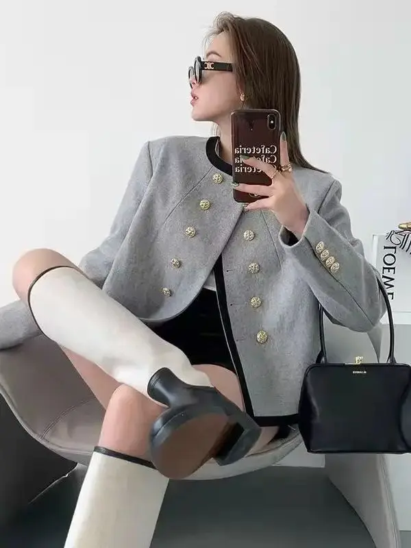 Short Coat Irregular Gray Women Elegant Cropped Woolen Coat Small Fragrance French High-End Coat Tops Vintage Casual Outerwear