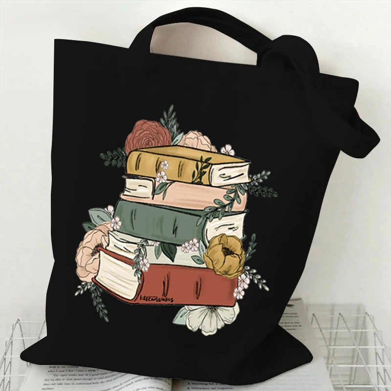 Books and Flower Print Handbag Women Casual Canvas Portable Shoulder Bag \