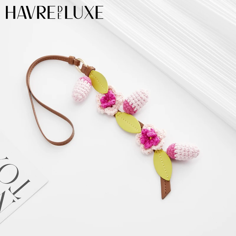 Cherry blossoms bag charm handmade Cowhide woven flower pendant knitted high-end bag accessories