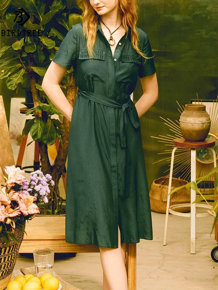 

BirdTree, 50%Real Silk Fashion Dresses, Women Lapel Short Sleeve Solid, Elegant OL Chic Shirt Dress, 2024 Summer New D44875QM