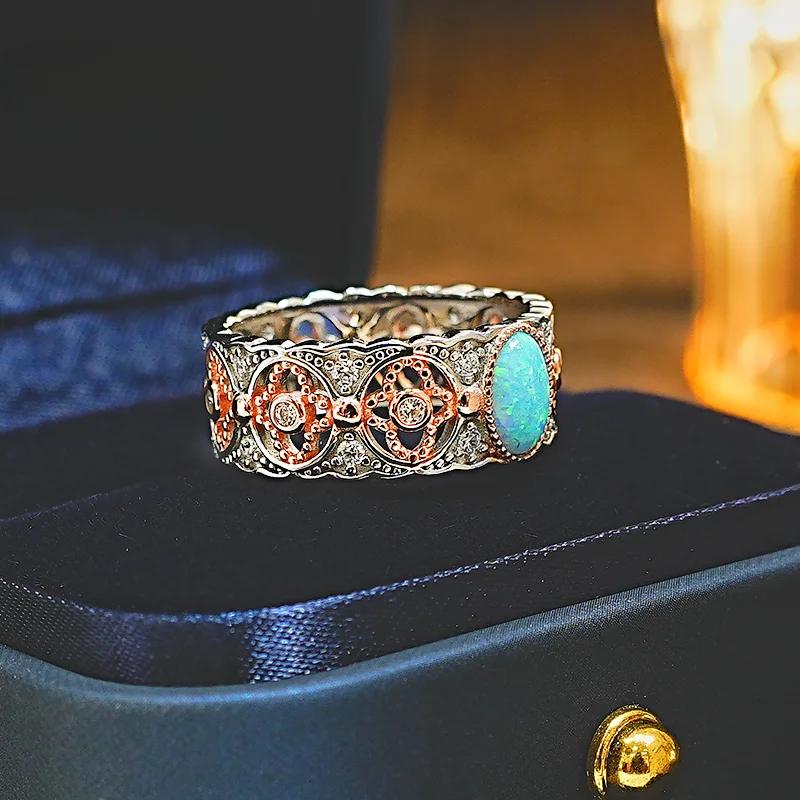 Mid ancient style Auspicious blue Opal 925 silver hollowed out lace ring with inlaid temperament, retro and versatile