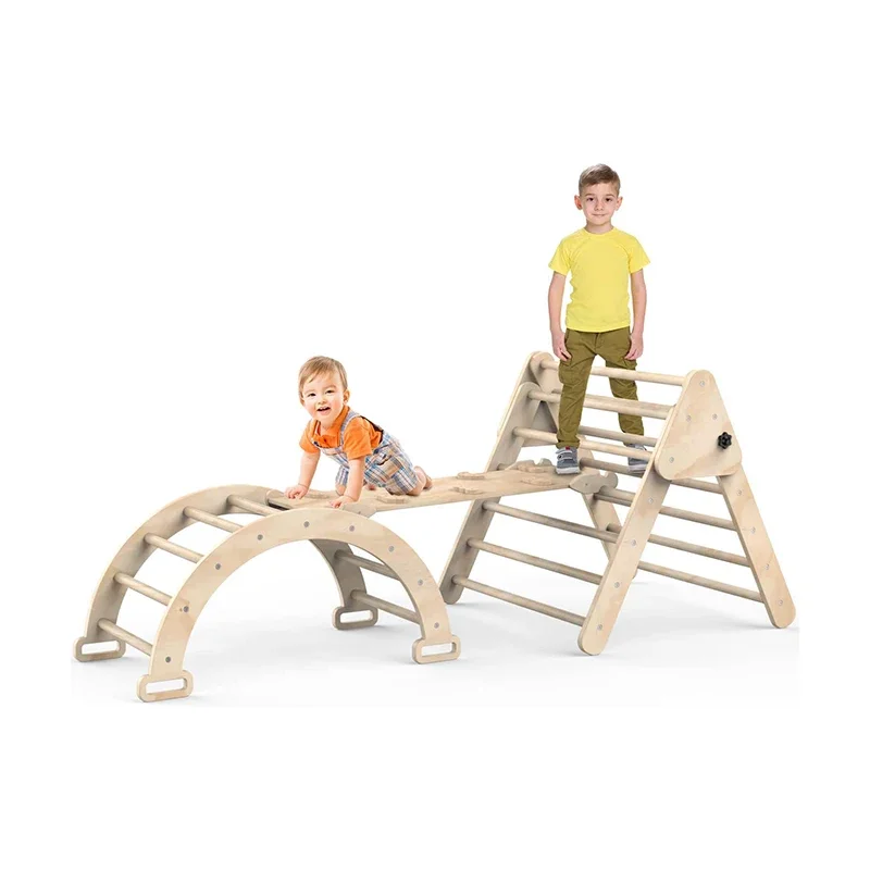 Climbing Triangle Set with Ramp indoor 3 in 1 Wooden Kids Triangle Children Climbing Frame with Ladder