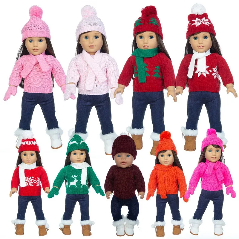18 Inch Christmas Doll Clothes Set American Girl Doll Winter Knit Sweater Hat Scarf Gloves Jeans Reindeer Snowflake Accessories