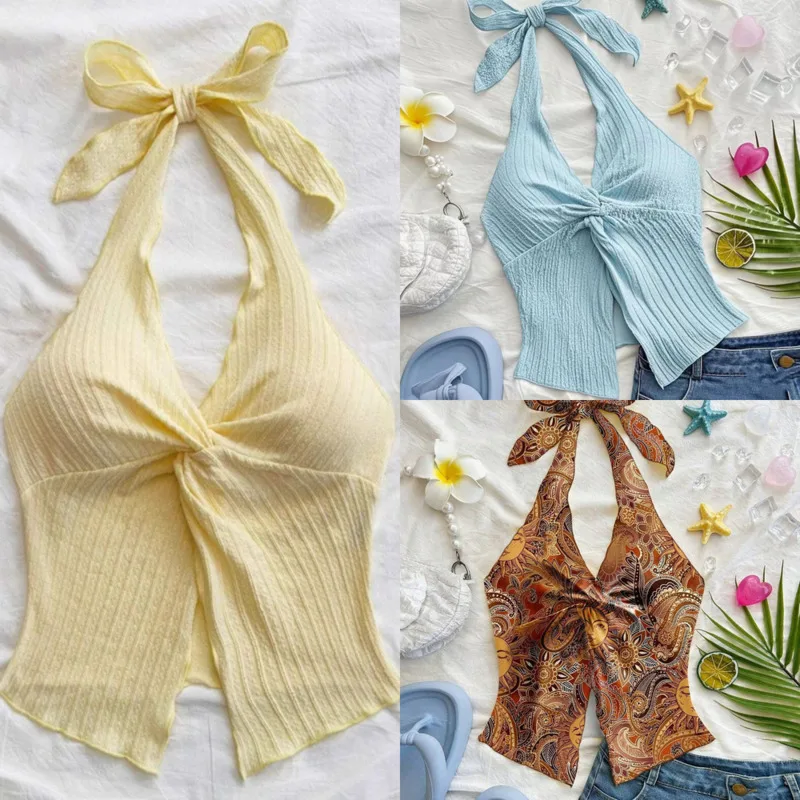 

Bow Tops&Tees Summer Harajuku American Y2K T-shirt Japan Strap Sexy Strap Strap Twisted Fold Bottom Back Strapless Tank Tee New