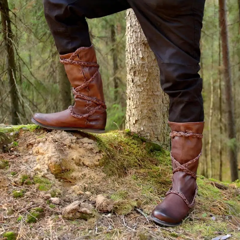 Retro Mittelalterliche Piraten-Cosplay-Stiefel für Männer, Halloween Gothic Bandage Ritterschuhe, Outdoor Geflochtene Schnürstiefel aus PU-Leder bis zur Wadenhöhe – Detail 5