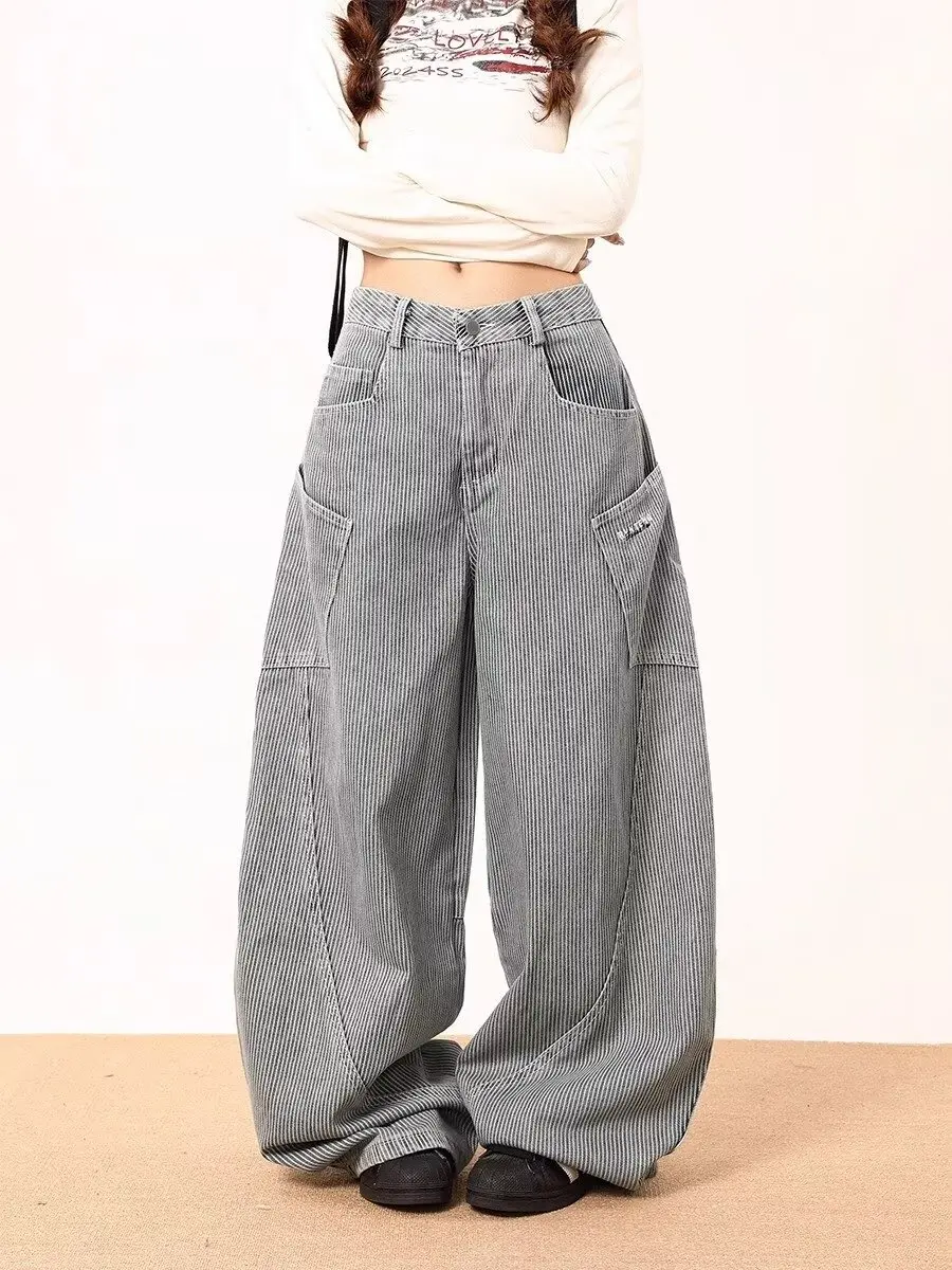 Calça jeans folgada cinza feminina y2k calças japonesas harajuku high street vintage 2000s estilo solto calças largas roupas jeans 2024