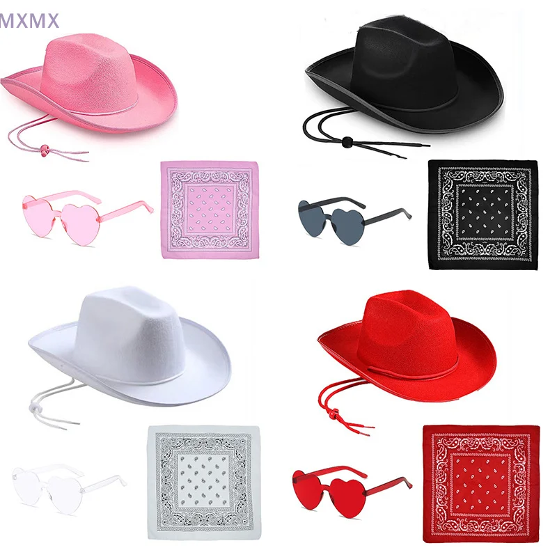 Chapéu de cowboy com óculos de coração lenço quadrado conjunto de fantasia de cowgirl feminino para festa oeste selvagem cosplay óculos de sol chapéu de cowboy ﻿ ﻿