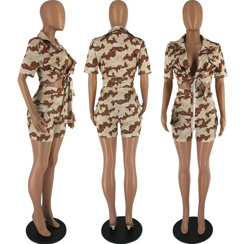 Camouflage Print Short Sets Women 2 Piece Set Outfit Streetwear Pockets Button Shirt Top and Cargo Shorts Casual Matching Sets