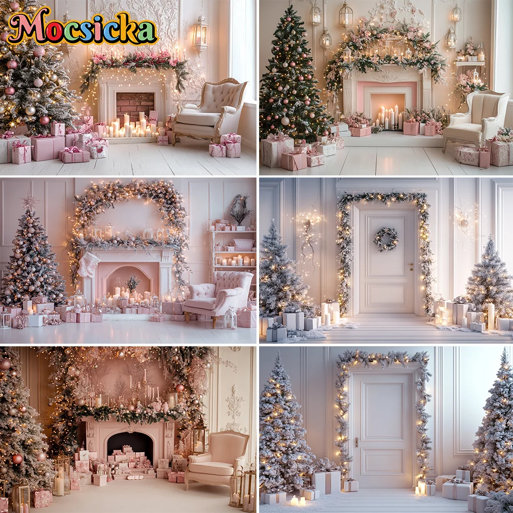 Mocsicka 화이트 크리스마스 사진 배경 소나무 아치 창문 커튼 장식 새해 배경 스튜디오 액세서리