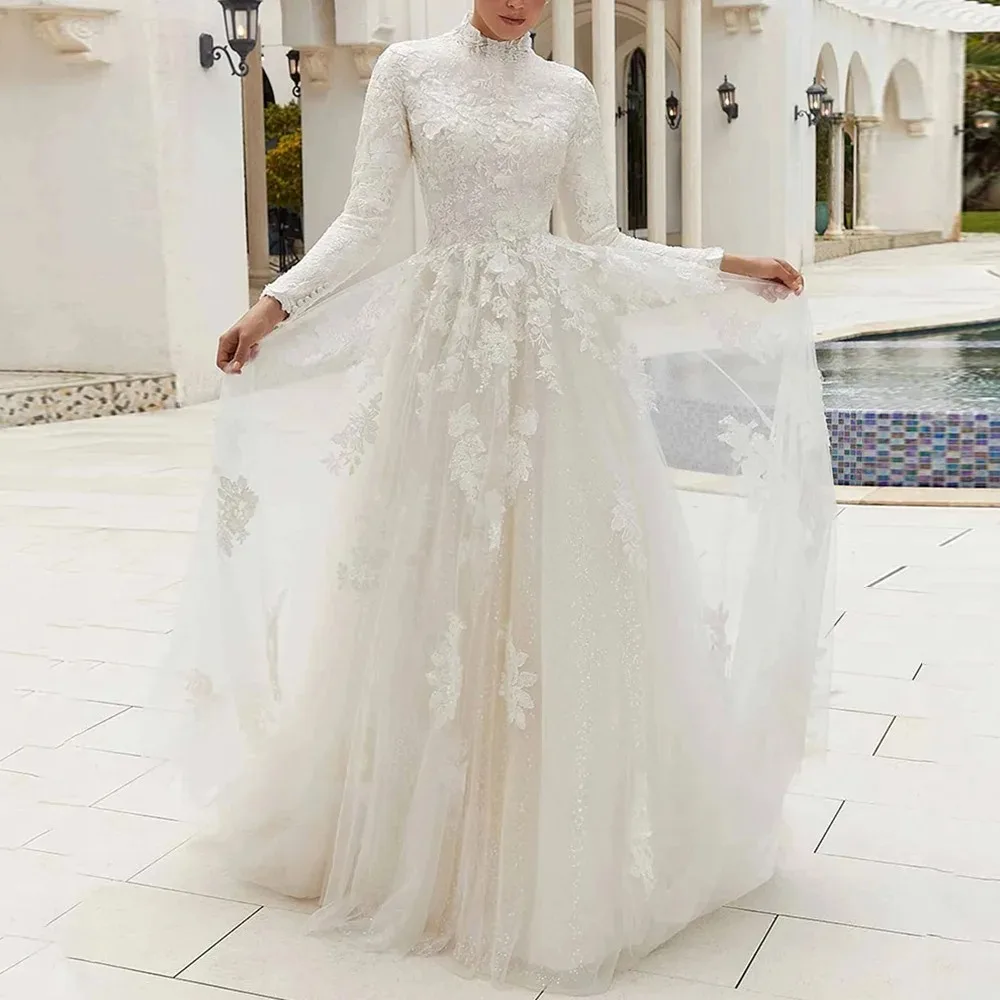 Bescheidene A-Linien-Tüll-Brautkleider, maßgeschneidert, lange Ärmel, hoher Kragen, Pailletten-Applikationen, Brautkleid mit Schleppe, Vestido de Novia