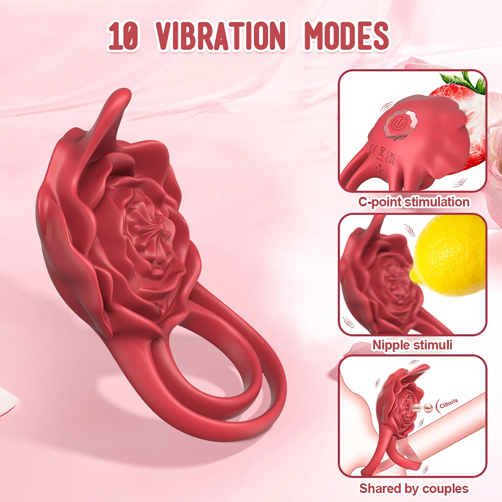 Rose-Penis Ring Vibrator Female G-spot Clitoral Stimulation Male Ejaculation Delay Silicone CockRing Adult Sex Toy for Couples view 4