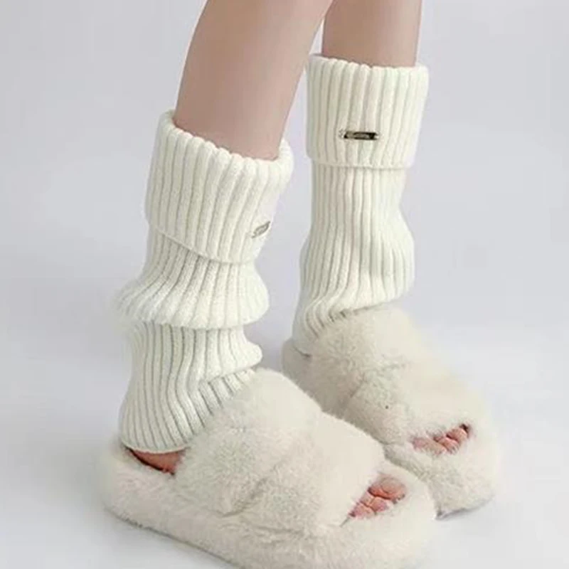 Leg Warmers Woman Autumn and Winter Knit Thick Warm Girls Lolita Socks Metal nameplate White Black Loose Leg Warmers