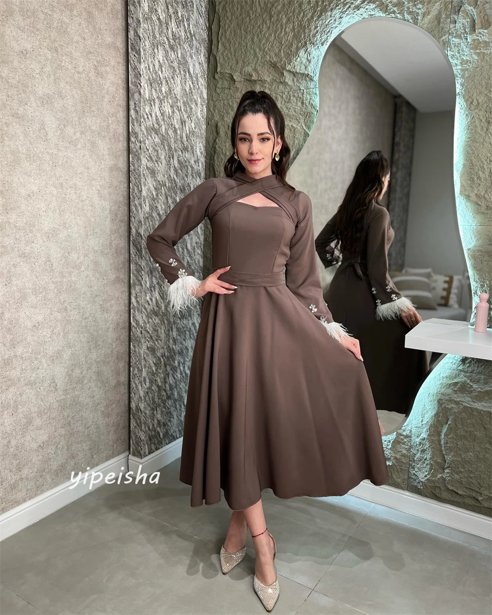 Customized Jersey Feathers Draped Criss-Cross Party A-line High Collar Bespoke Occasion Gown Midi Dresses