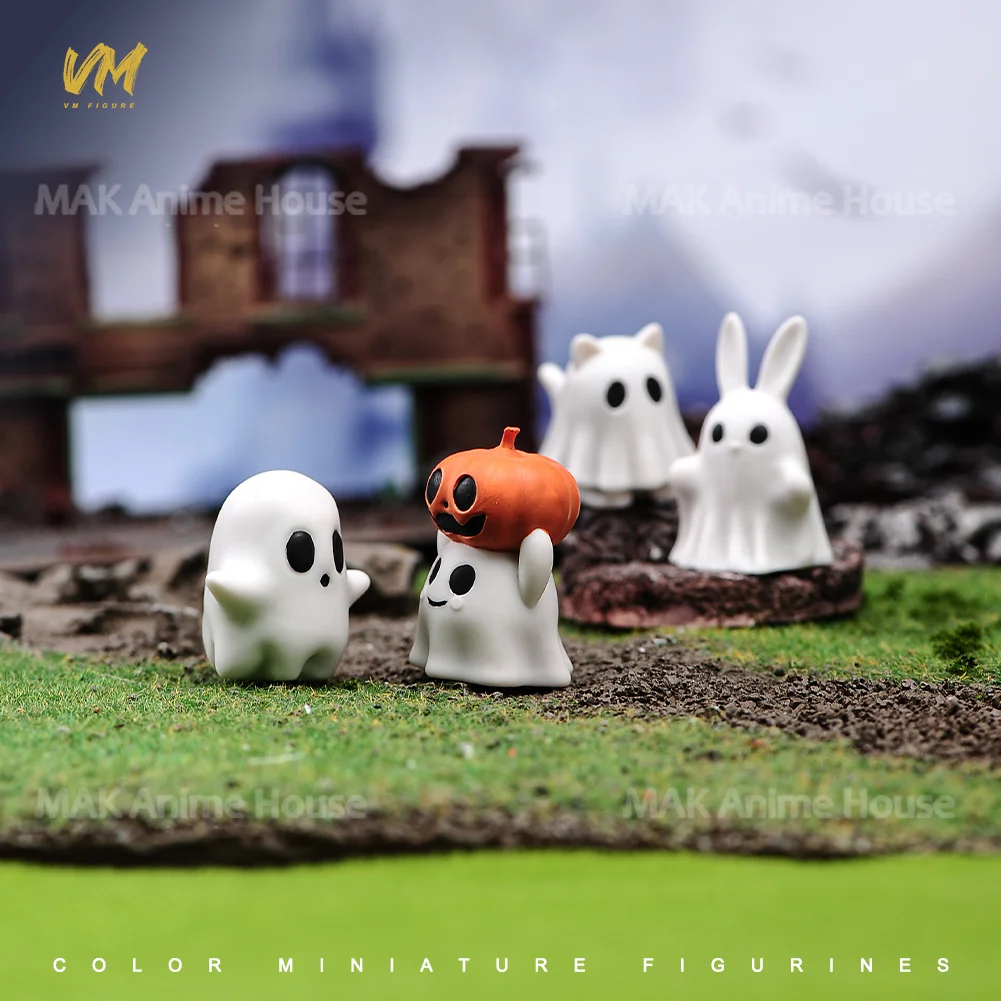 Harz Miniaturen Geist Baby Kaninchen Kürbis Katze Nette Szene Figur Gemalt Modell Für Halloween Dekorative Ornamente Spielzeug Puppen Set