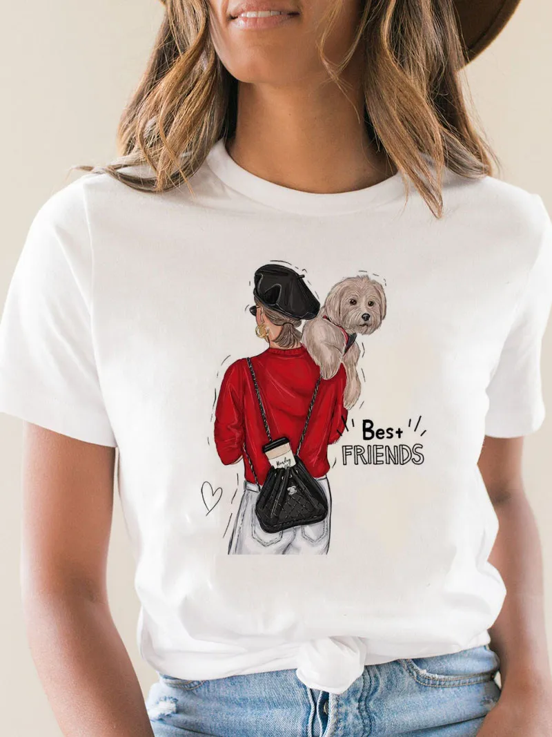 Best Friends Dog Girl Funny Print T-shirt Women Y2K 90s Basis O-collar White Tops Tee Lady Casual O Neck Clothing,Drop Shipping