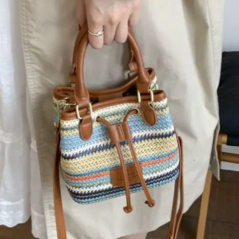 

JIAERDI Ретро цветная сумка женская в радужную полоску тканая сумка-ведро женская лоскутная повседневная сумка через плечо 2025 Chic