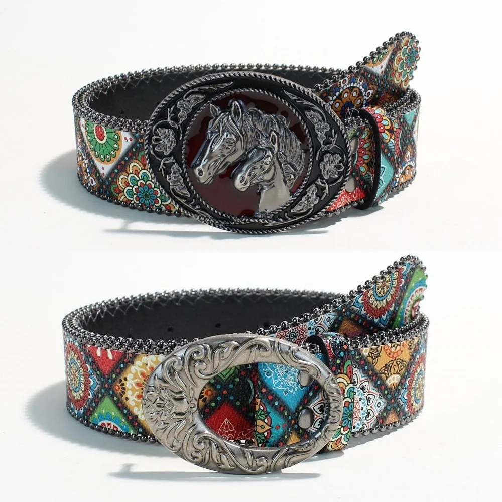 1pc Women's Aristocratic Palace Style Black Metal Buckle Multi-color Flower Print Belt, A Versatile Decorative Belt for Jeans