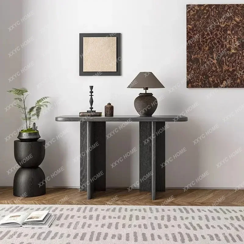 

Medieval Wabi-sabi Wind Carbonized Log Porch Table Against The Wall Ultra-narrow Porch Table Decoration