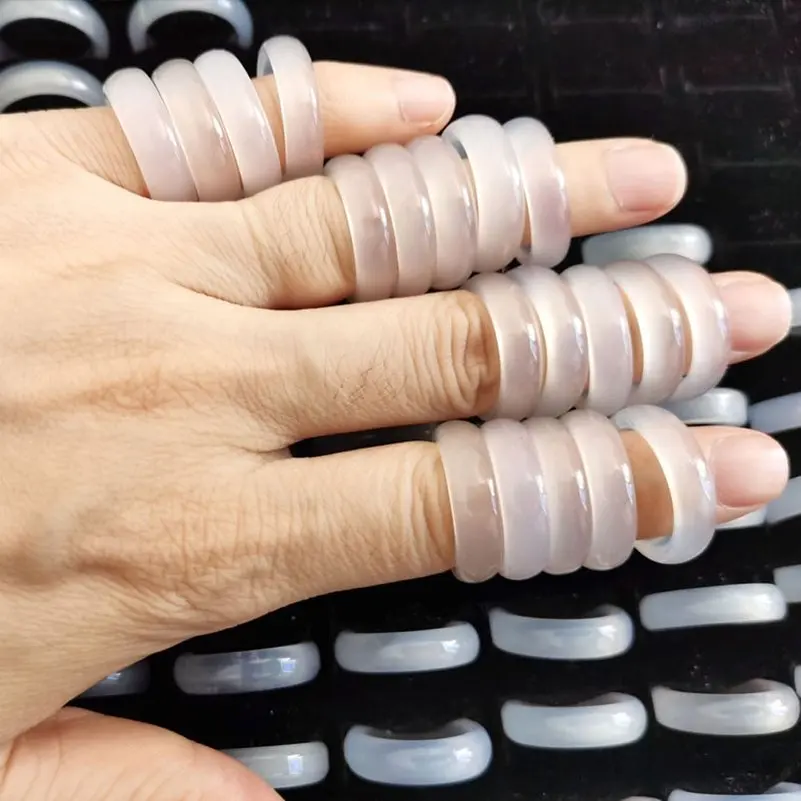 Wholesale 10pcs/Lot White Natural Agate Stone Rings Simple Smooth Round Finger Rings for Women Wedding Band Trendy Jewelry