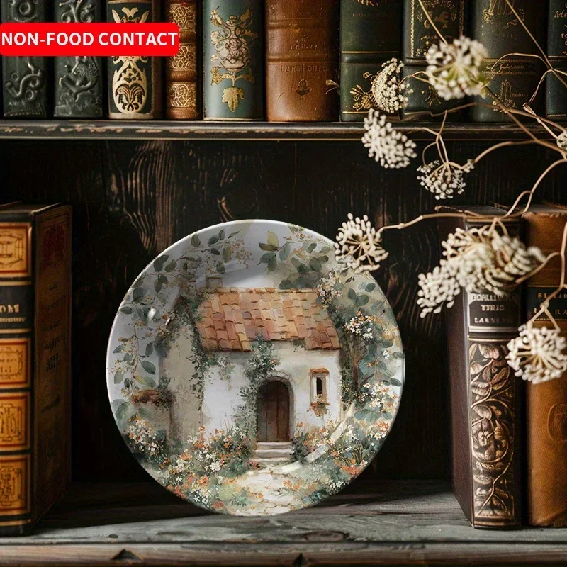 1pcRed Roof Country House Ceramic Decorative Plate Hand Painted Wall Art Hanging Dish Home Decor Non Food UsePerfect gift for