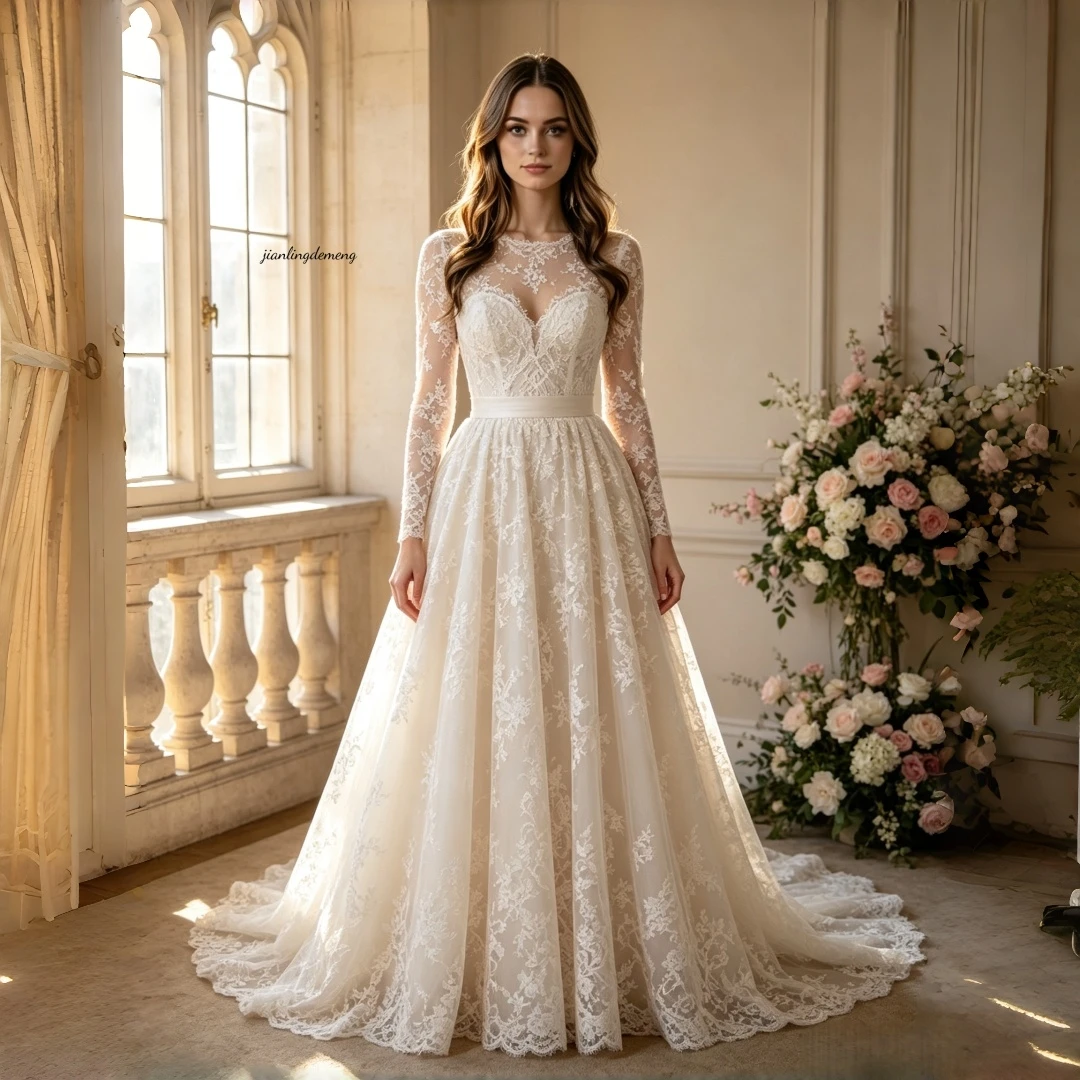 VVintage Ivory Lace Wedding Dress A-line Illusion Neck Long Sleeve Fitted Floral Embroidery Church Bridal t Gown Customized