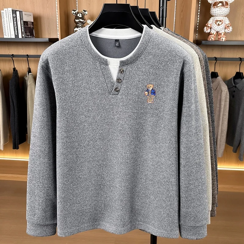 Herren Langarm-Henley-Shirt Waffelstrick-Pullover Zweiteiliges Design mit Knöpfen und Bären-Logo-Stickerei Lässige Warme Herbst-Winter-Oberteile für Männer – Detail 10