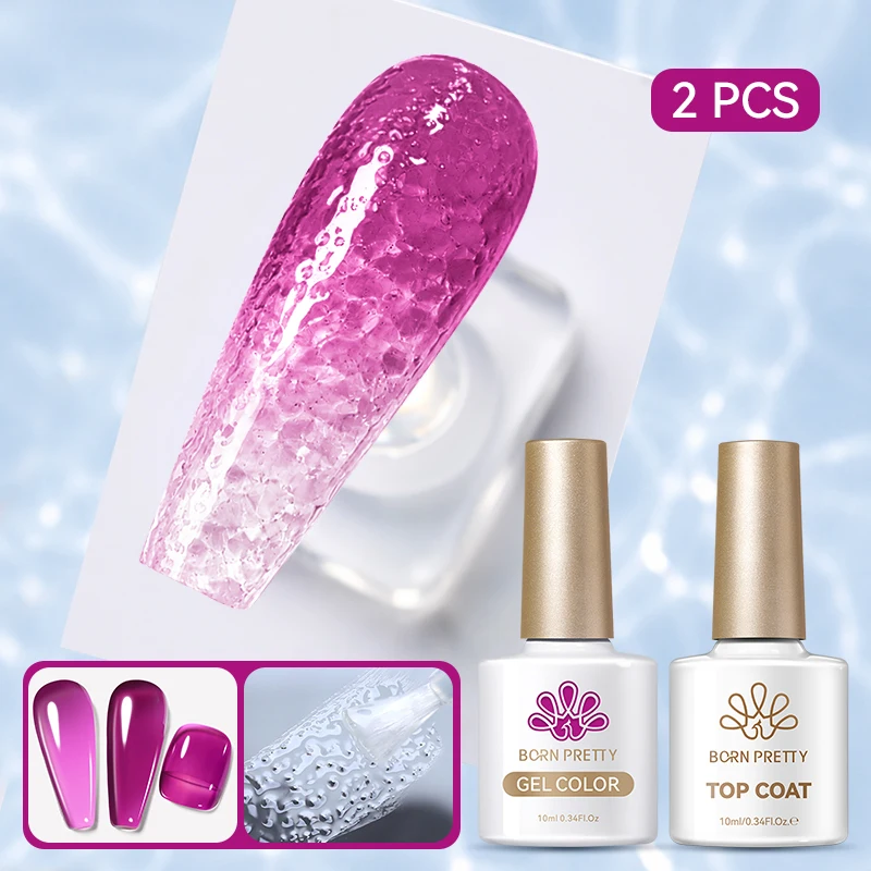 BORN PRETTY 2-teiliges Sommer-Set mit Transparentem Nagelgel und Wasserwellen-Top-Coat, Ohne Abwischen, Abziehbarer Jelly-Gel-Lack