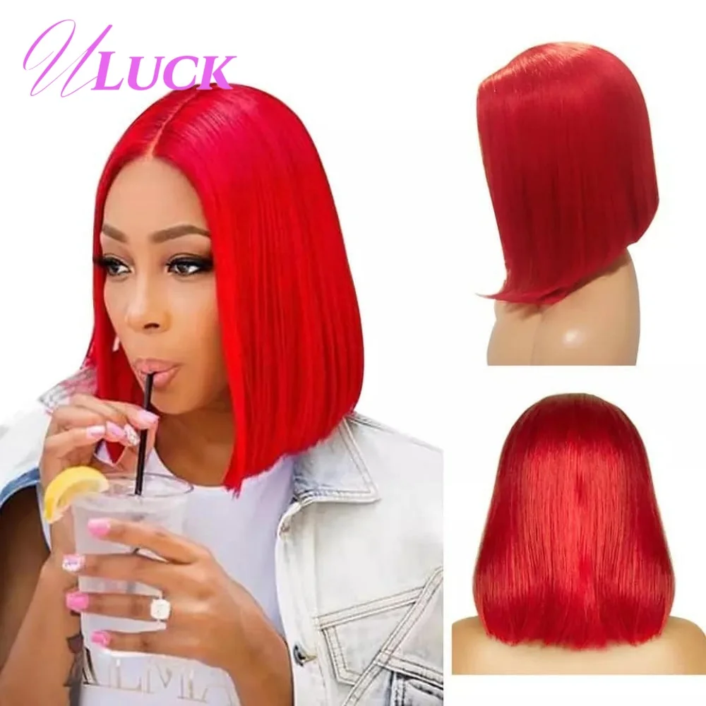 

Uluck Red Color Double Drawn Short Straight Bob Wig 200 Density Human Hair Wig 13x4 Lace Frontal Wigs Natural Hairline For Women