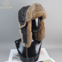 2026 New Fashion Russian Unisex Genuine Sheepskin Real Rabbit Fur Bomber Hat Winter Warm Windproof Fluffy Natural Rabbit Fur cap
