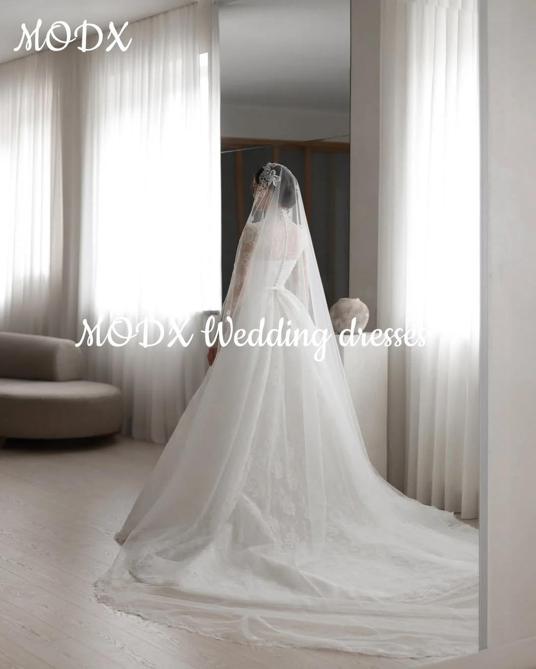 MODX Exquisite Weiße Spitze Prinzessin Hochzeit Kleid High Neck Floral Applique Sweep Zug Brautkleider vestidos de novia Angepasst