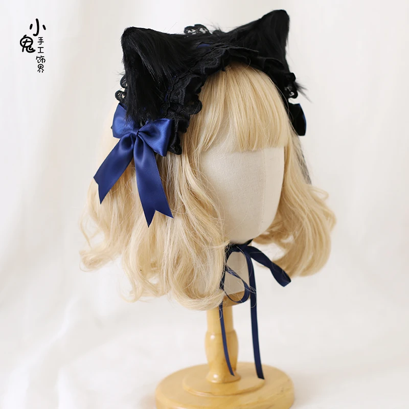 Kawaii Cat Ears Headband Lace Bow Head Wrap Lolita Wedding Party Cosplay Maid Headdress Women Girls Anime Hair Accessories