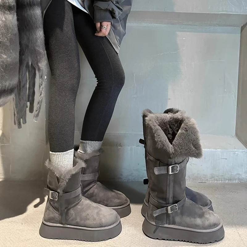 

Cowhide Winter Wool Integrated Grey Snow Boots Women's Thick Soled Elevating and Fleece Thickening Long Snow Cotton Shoes