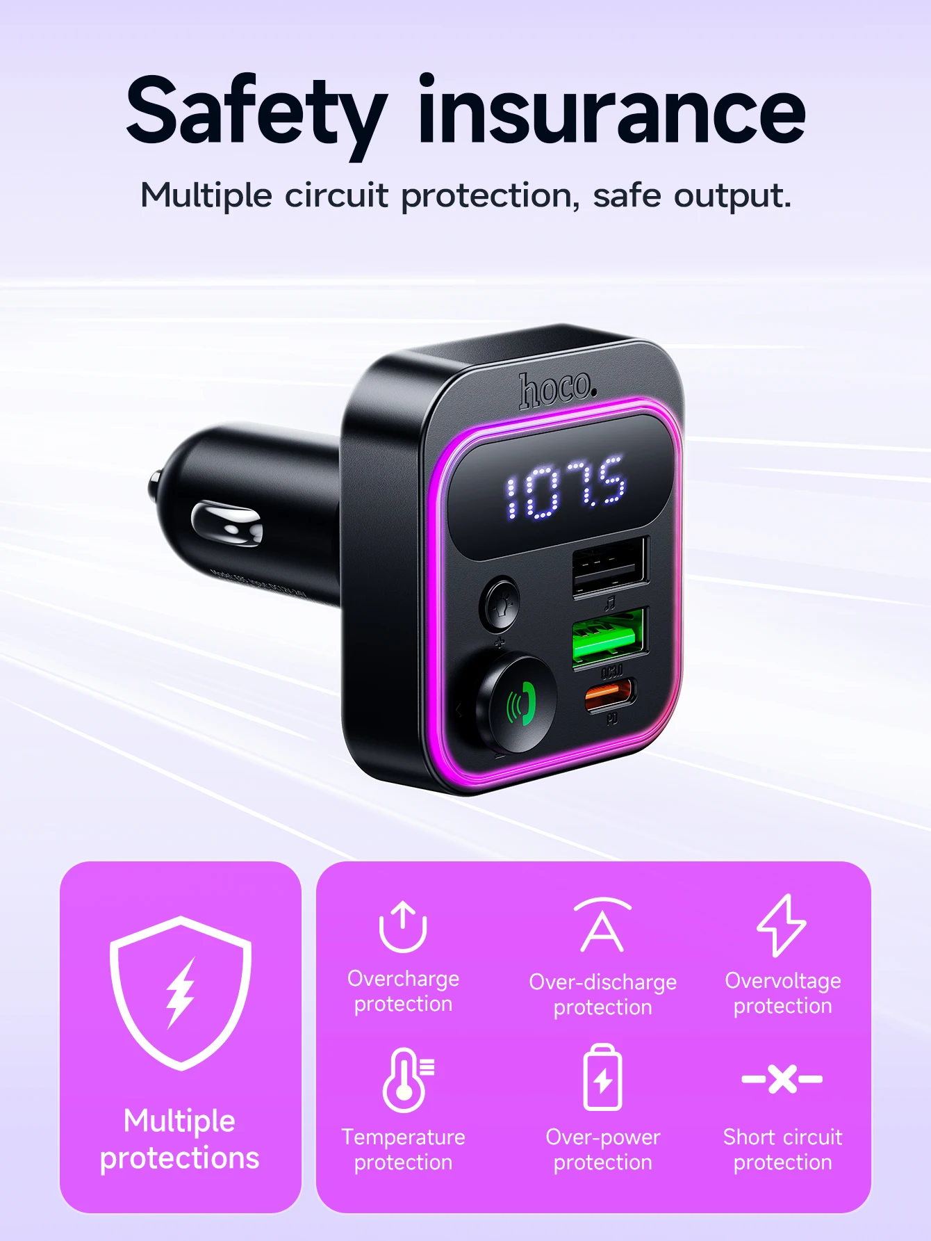 HOCO PD20W QC3.0 cargador en el coche Bluetooth 5,4 transmisor FM con luz RGB USB reproducción de disco adaptador manos 