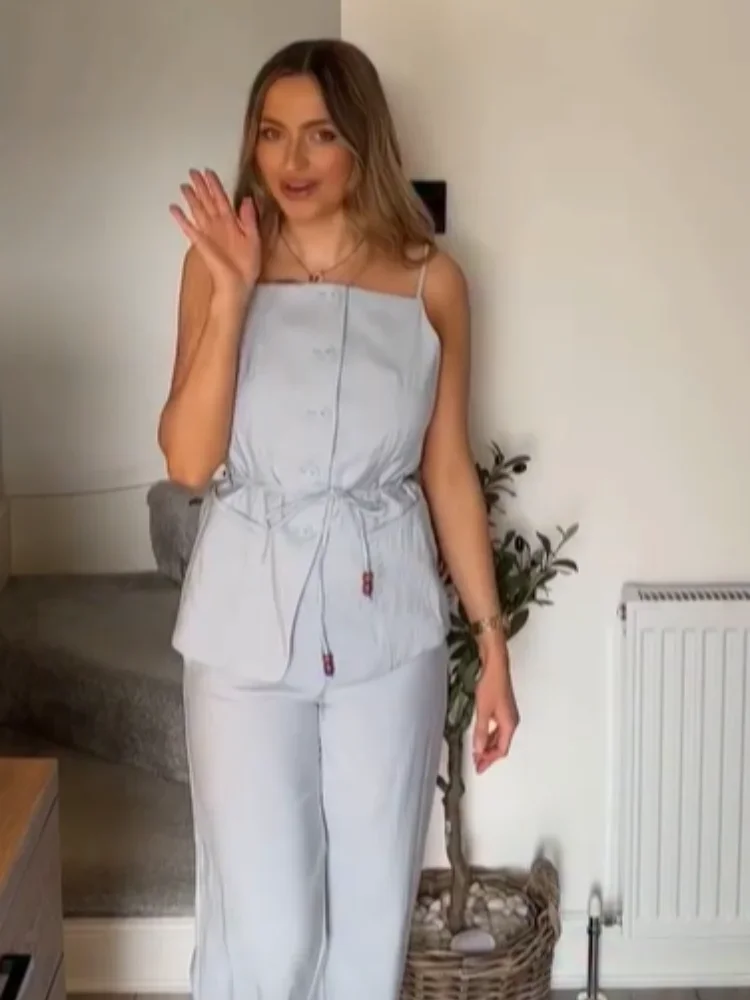 

Grey Casual Beaded Pants Set Elegant Women's Off Shoulder Waist Camisole Top Comfortable Loose Pants Suits 2025 Holiday Outfits