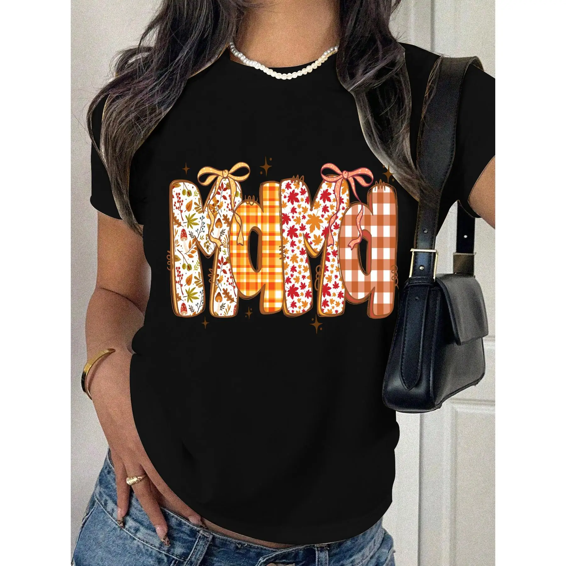 

Fall Mama T-Shirt Women, Autumn Thanksgiving Mom Life Graphic Tee, Pumpkin Maple Leaf Plaid Print Cozy Gift Top