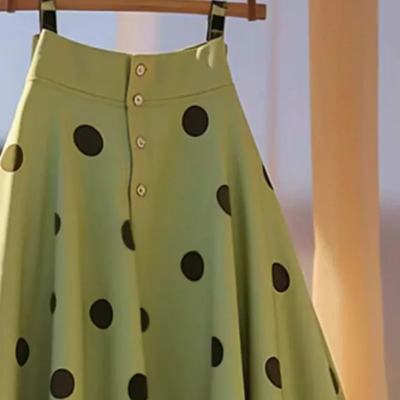 OCEANLOVE Chiffon Long Skirts Polka Dot Green French Style Vintage Spring Autumn Faldas Mujer Fashion Elegant Women Skirt