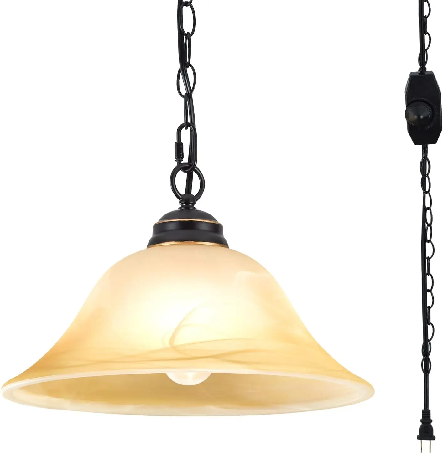 

Plug-In Pendant Light with Retro Alabaster Glass, Black & Gold, Dimmable, 16.4ft Cord & 14.7ft Chain for Kitchen