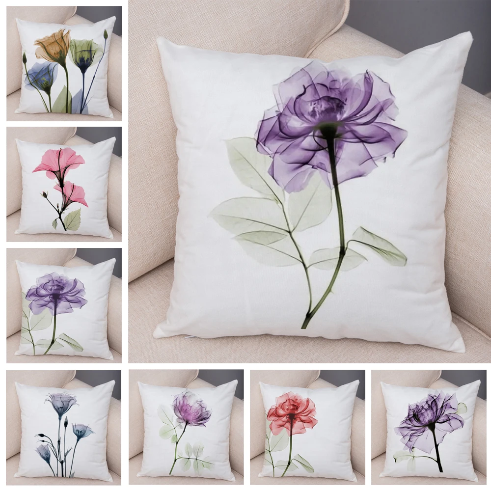 Nordic Style Transparent Flower Cushion Cover  Decor Cartoon Plant Floral Pillowcase Soft Plush Pillow Case for Sofa Home Car