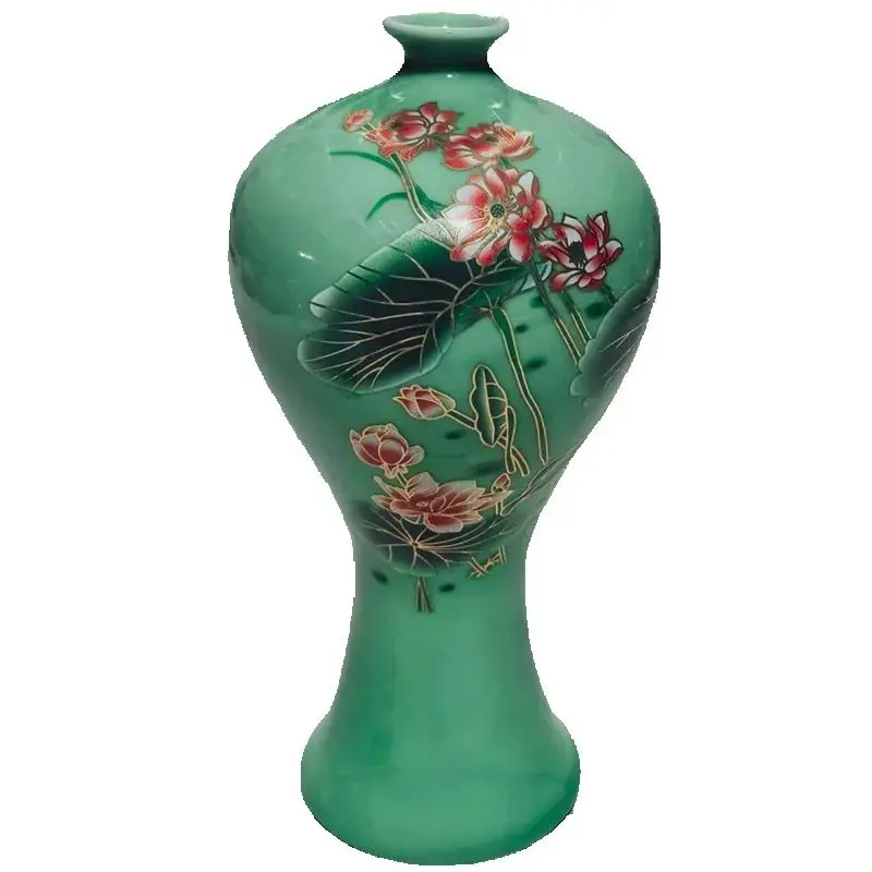 

China Old Porcelain Vase Green Glazed Lotus Flower Patterned Antique Plum Decoration Home Decor Ornament