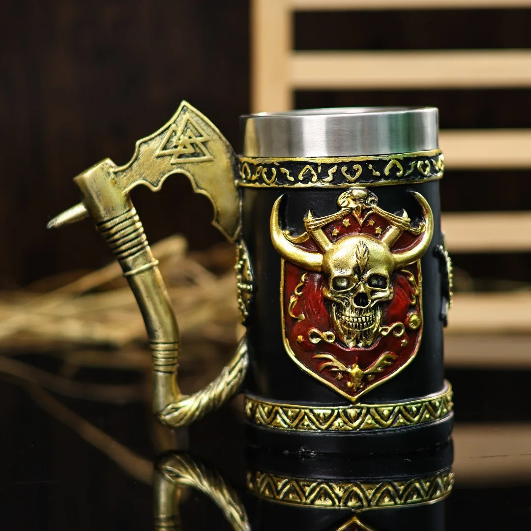 American Style Axe Handle Skull 3D Stainless Steel Resin Beer Mug Creative Tankard Bar Drinkware Gift For Men