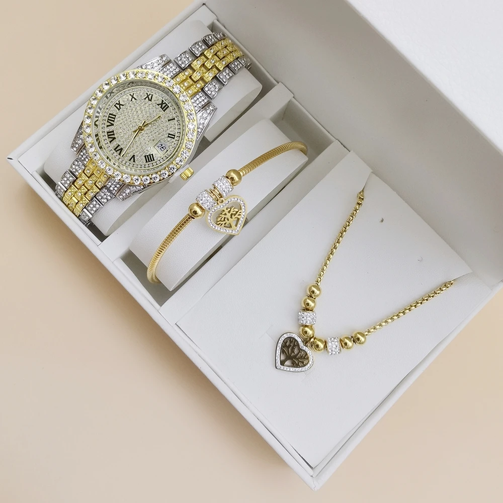 Reloj de cuarzo de lujo para mujer, conjunto de joyería de fiesta Icy, collar con colgante de corazón y amor de acero inoxidable, elegante