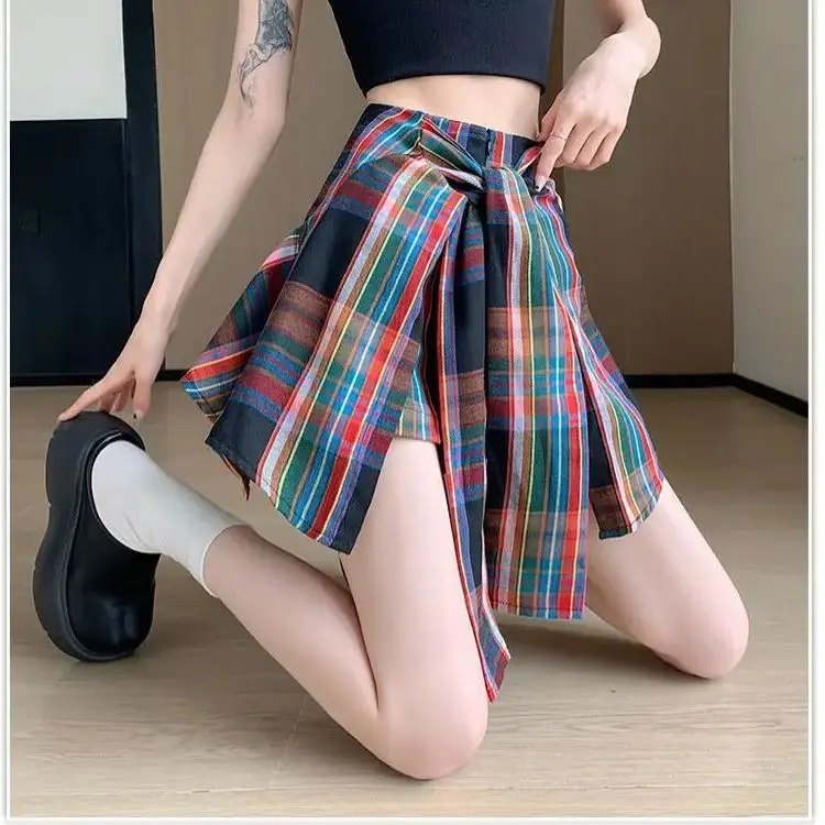 Irregular Check Korean Ladies Zipper High Waist A-Line Skirt Summer Patchwork Bow Women'S Clothing Young Style New Shorts