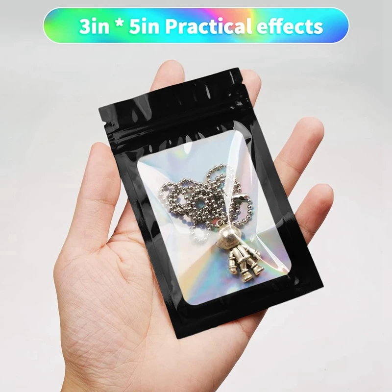 100 Pak Mylar Zakken Holografische Geur Proof Verpakking Voor Kleine Bussiness Hersluitbare Zakjes (3X5 Inch) Zwart