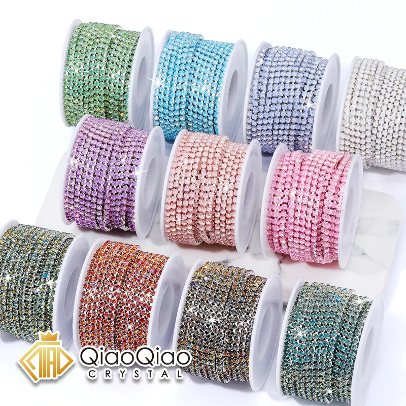 

QIAO 2-3mm Mocha Opal AB 10Yard/roll Rhinestones Trim Cup Chain Diamond Strass Decorative Applique Crystal Trimmings For Dresses