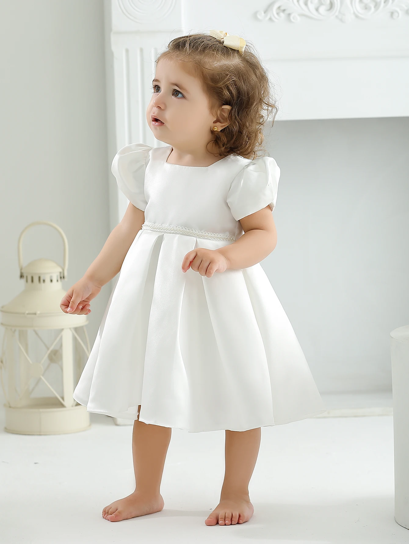 Soft Satin Hand Made Pearl Decoration Ruffle Elegant Party Wedding Baptism Baby Dress