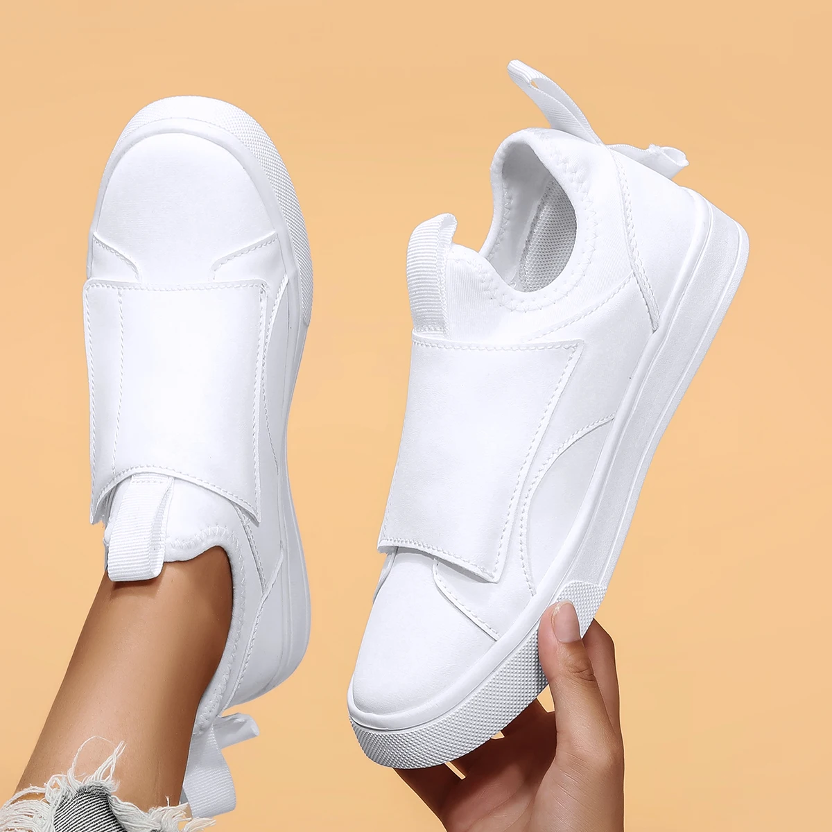 

Женские слипоны на липучках, полностью белые, весна 2026, повседневные, нескользящие, дышащие, для прогулок, на каждый день, летние