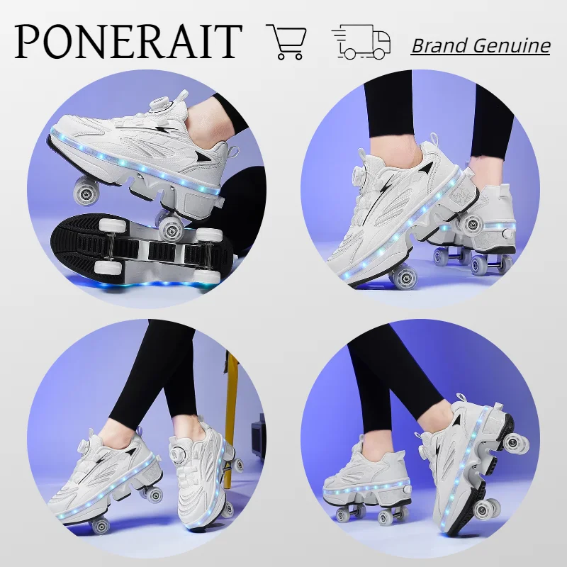 PONERAIT Shoes With Wheel PU leather Knob Adjustment Roller Sneakers New Deform Parkour Skates Shoes For Girls Special Gift