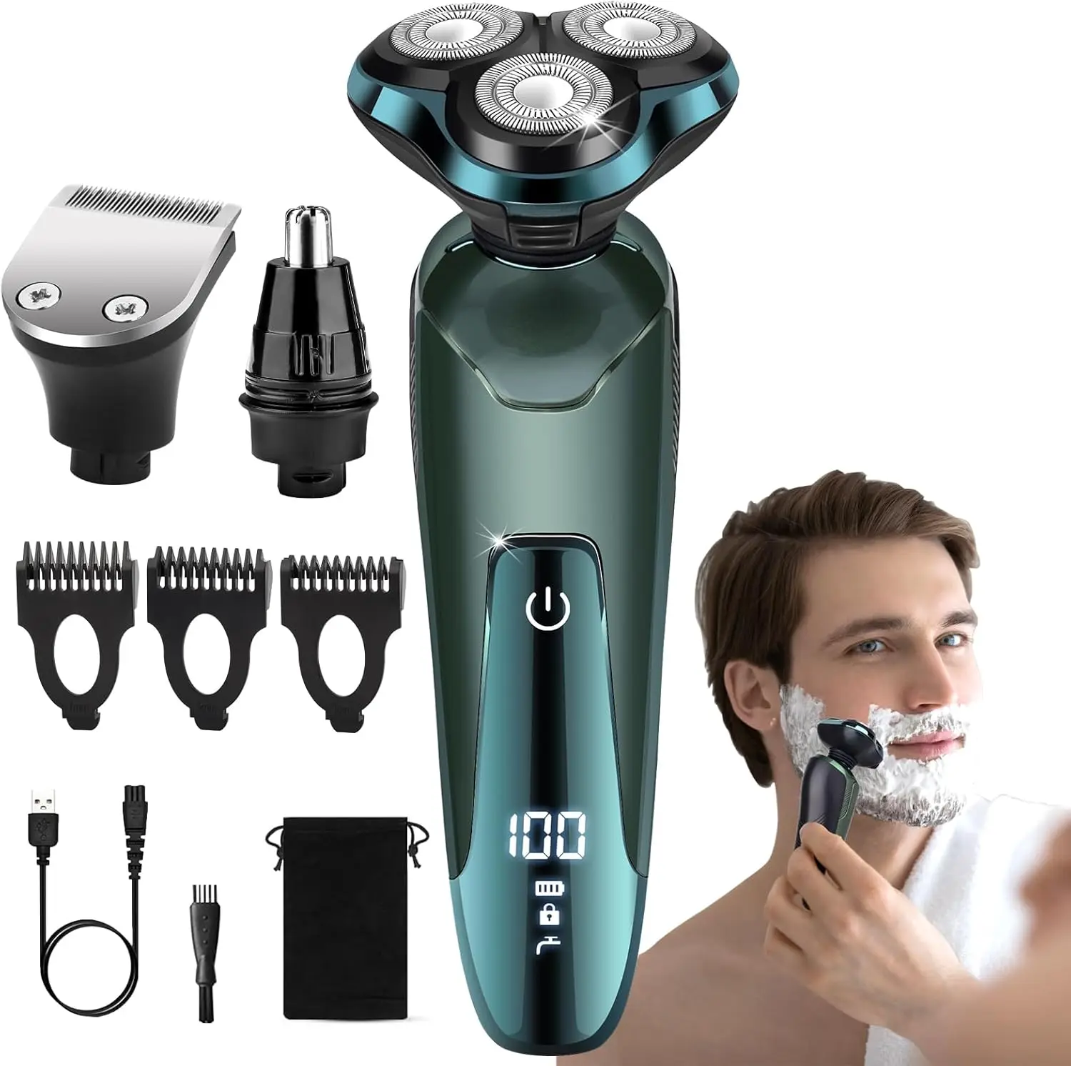 

Men's Electric Shaver with 3D Rotary Blades, Nose Trimmer, Wet/Dry Waterproof Design - Ideal Gift for Husband, Dad, Boyfriend